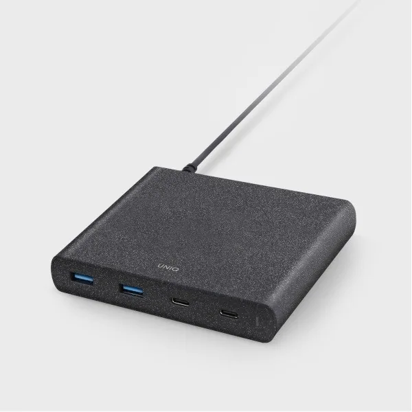 Kryt UNIQ Wall charger HUB Surge 90W charcoal black 2xUSB Quick Charge 3.0 + 2xUSB-C PD 3.0 (LITHOS Collective)