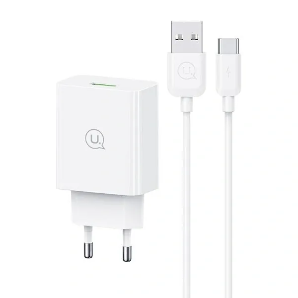Síťová nabíječka USAMS 18W  + USB-A / USB-C 1m Fast Charging Cable White