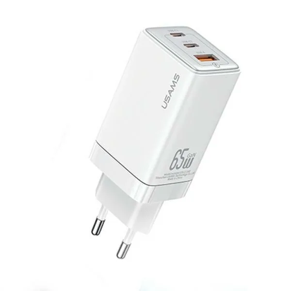Síťová nabíječka USAMS CC180TC02  2xUSB-C+1xUSB-A 65W GaN PD+QC Fast Charging white Sandru Series