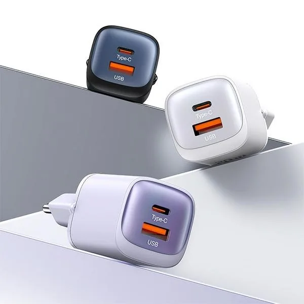 Síťová nabíječka USAMS CC254  USB-A, USB-C 30W GaN Fast Charging HC Series purple