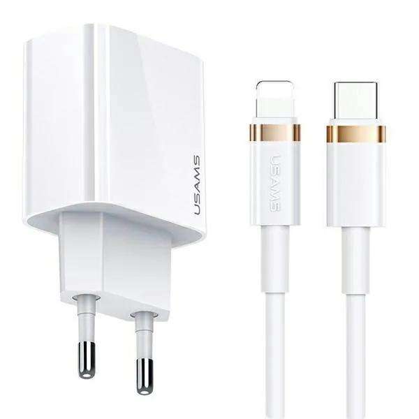 Síťová nabíječka USAMS T34  1xUSB-C 20W 5V-3A PD3.0 + U63 cable USB-C/Lightning 20W white T49OCLN01