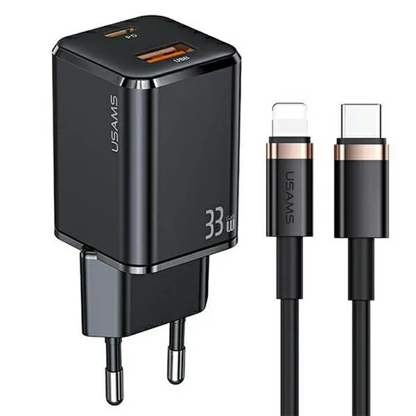 Síťová nabíječka USAMS T43  1xUSB-C/1xUSB 33W PD 3.0 + QC 3.0 + U63 cable USB-C/Lightning black USKTZ01