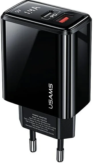 Síťová nabíječka USAMS  1xUSB-C+1xUSB T40 20W LED PD3.0 +QC3.0 Fast Charging black CC133TC01 (US-CC133)