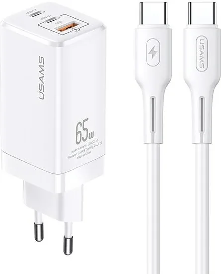 Síťová nabíječka USAMS  MT 2xUSB-C+USB GaN 65W T33 PD + cable USB-C-USB-C 100W Fast Charging white MTXLOGTC02