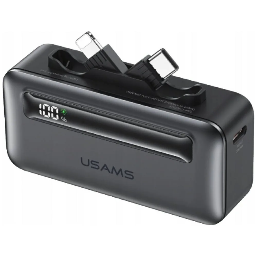 USAMS XB-Series CD233 5000mAh PD 20W Power Bank with USB-C / Lightning Cable Silver