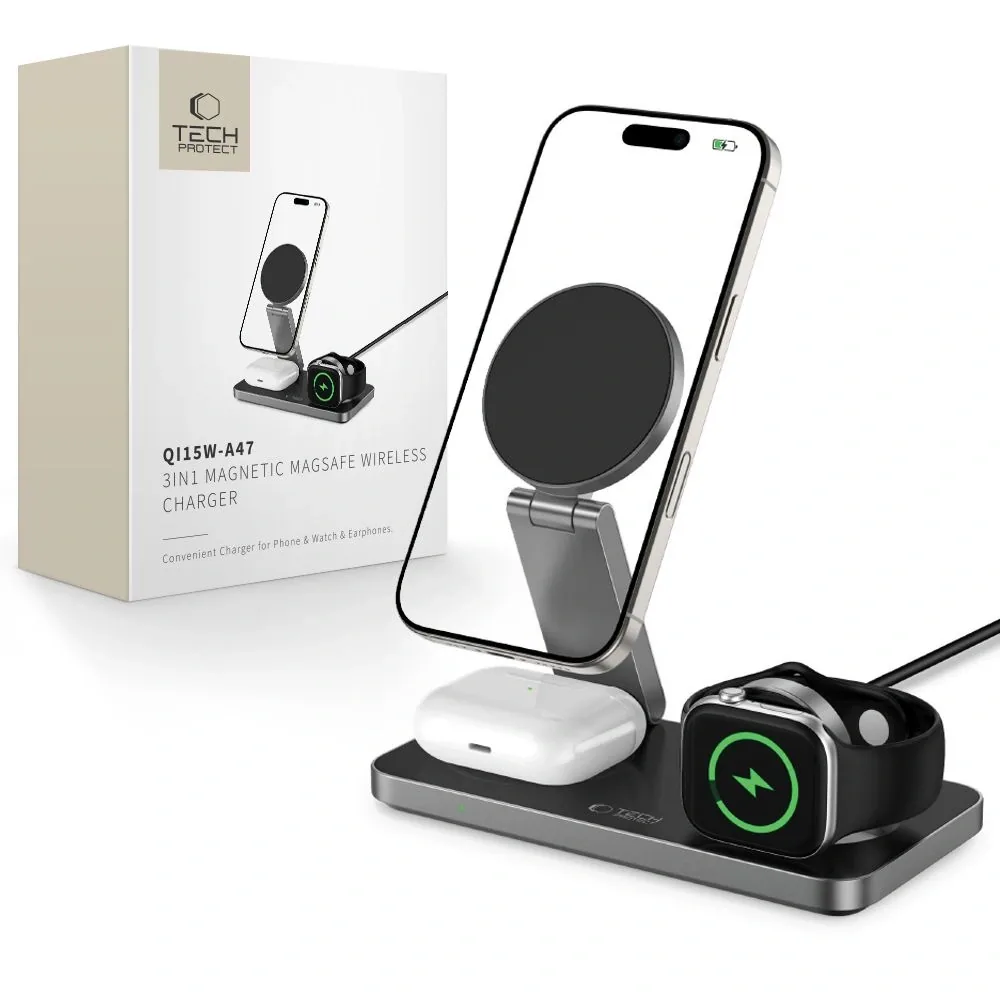 Bezdrátová nabíječka Wireless charger 3w1 Tech-Protect QI15W-A47 3in1 Magnetic MagSafe Wireless Charger Black