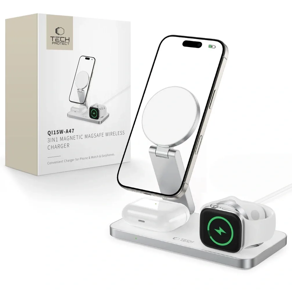 Bezdrátová nabíječka Wireless charger 3w1 Tech-Protect QI15W-A47 3in1 Magnetic MagSafe Wireless Charger White