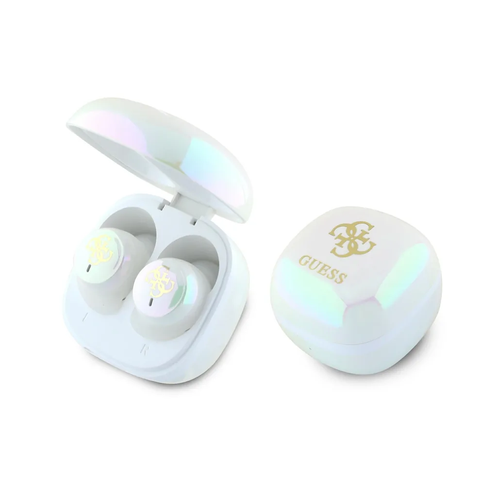 Sluchátka Wireless TWS in-ear Guess GUTWSJ144ESH + docking station Iridescent 4G Printed Logo white